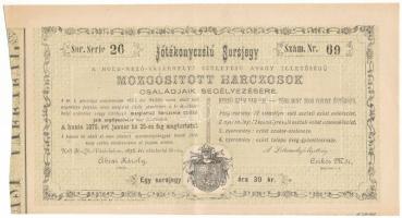 Hódmezővásárhely 1878. "Jótékonyczélú Sorsjegy - A Hold-Mező-Vásárhelyi Születésű avagy Illetőségű Mozgósított Harczosok Családjaik Segélyezésére" 30kr értékű sorsjegy, "26-69" sorszámmal T:XF Hungary / Hódmezővásárhely 1878. "Charity Lottery Ticket for the Families of the Soldiers of Hódmezővásárhely" lottery ticket about 30 Kreuzer, with "26-69" serial number C:XF