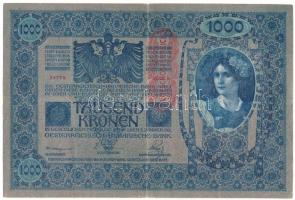 Ausztria 1919. (1902) 1000K, függőleges "DEUTSCHÖSTERREICH" felülbélyegzéssel, "1437 34775" mindkét oldal német T:F, pici szakadások Austria 1919. (1902) 1000 Kronen, with vertical "DEUTSCHÖSTERREICH" overprint, "1437 34775" both sides in german C:F, small tears Krause P#58