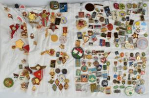 Nagyobb doboznyi vegyes jelvény, kitüntető jelvény tétel főleg a szocialista időszakból, egy részük eredeti tokkal, közte több BSZKRT egyenruha gomb T:vegyes