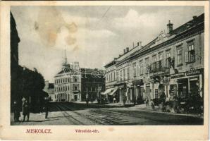 1913 Miskolc, Városház tér, Brauner Artur szaklátszerész, Herskovits Mór és Bloch Béla üzlete, Vasutas Takarékpénztár, villamossín (fl)