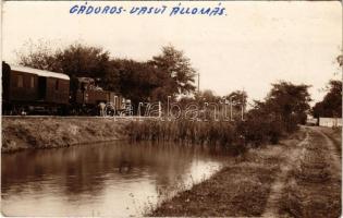 1928 Gádoros, vasútállomás, gőzmozdony, vonat. Hajdu fotó Orosháza, photo (fl)