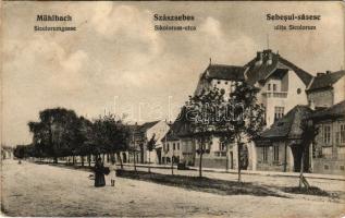 Szászsebes, Mühlbach, Sebesul Sasesc, Sebes; Siculorumgasse / Sikolorum utca, Johann Stegmann üzlete. Anna Gross kiadása / street view, shops (ázott / wet damage)