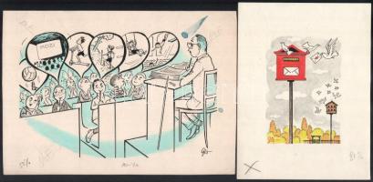 Szegő Gizi (1902-1985): 5 db karikatúra. Vegyes technika, papír, mind jelzett és hátoldalán "Lu...