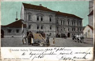 1902 Székelyudvarhely, Odorheiu Secuiesc; Református kollégium, Rudolf József üzlete. Gál János kiadása / Calvinist school, shop (fl)