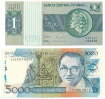 Brazília DN(1980) 1C + DN(1989) 5000C fekete "5 Cruzados Novos" felülbélyegzéssel T:AU
Br...