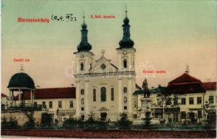 1909 Marosvásárhely, Targu Mures; Római katolikus templom, Bodor kút (Zenélő kút), Kossuth szobor, gyógyszertár, üzletek. Reichardsperg J. és társa kiadása / Catholic church, well, statue, monument, pharmacy, shops