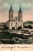 1909 Naszód, Nasaud; Beserica gr. kath. / Görög katolikus templom, piac / church, market