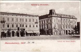 1902 Marosvásárhely, Targu Mures; Fő tér, Hotel Transilvania szálloda és kávéház, Pototzky Péter, Bocsánczy Márton, Böszörményi Lajos, Várady Gyula, Lukács János üzlete. Holbach Ede kiadása / main square, hotel and café, shops (Rb)