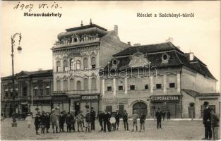 Marosvásárhely, Targu Mures; Széchenyi tér, József Emil, Schwartz János, Hary Géza, Szalmásy Gyula, Dikai János Petrás utódai üzlete. Hirsch Mór kiadása / square, shops