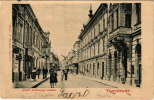 1904 Temesvár, Timisoara; Jenő herceg utca, fürdő, sebészeti műszerek üzlete, optikus. Raschka kiadása / street view, spa, surgical instruments shop, optician (Rb)