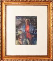 Lévay István: Idős pár. Akvarell, papír, jbl: Lévay István 1958. 29,5x 21 cm, keretben, keret sérült...