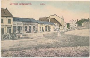 1914 Szilágycseh, Cehu Silvaniei; Fő tér, Kereskedelmi és gazdasági bank, cukrászda, Lebovits Jenő és Lebovits Herman, Pedik Gusztáv és társa üzlete, zsinagóga. Berkovits Sámuel kiadása / bank, confectionery, shops, square, synagogue