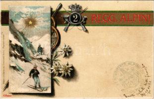 1903 2. Reggimento Alpini. Doyen di L. Simondetti / Italian military art postcard, Alpine Regiment with skiing soldier. Art Nouveau, floral, litho s: C. Barberis