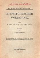 Brockelmann, [Karl]: Mitteltürkischer Wortschatz nach Mahmud al-Kasgaris Divan lugat at-Turk. Bearbeitet von C[arl] Brockelmann. Mit Unterstützung der Ungarischen Akademie der Wissenschaften herausgegeben von der Kőrösi Csoma-Gesellschaft. [Hasonmás kiadás.] Budapest, [1960 körül]. "Kultura" Hungarian Trading Company. 252 p. A Karl Brockelmann (1868-1956) szerkesztésében megjelenő középtörök szószedet a középkori perzsa-török geográfus Mahmud Kashgari 1072-ben napvilágot látott "Díván lugat at-turk" című művén alapszik. A német-török nyelvű nyelvészeti munka először 1928-ban jelent meg, példányunk a munka 1960 körüli hasonmásából származik, a címlap és az első borítófedél évszámjelzése utólagos, felülragasztott. (Bibliotheca Orientalis Hungarica I.) Fűzve, kiadói borítóban. Jó példány.