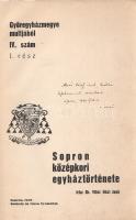 Házi Jenő, vitéz:  Sopron középkori egyháztörténete. (Dedikált.) Sopron, 1939. Székely és Társa Nyomdája. VIII + 381 + [3] p. + 1 t. (kétoldalas). Egyetlen kiadás. Dedikált: "Maár Károly úrnak, levéltári helyettesemnek, szeretettel: a szerző. Sopron, 1939 X/28-án." Társadalomtörténeti keretbe ágyazott soproni egyháztörténeti munka, mely a város jámbor életének, katolikus devóciójának mértékét körvonalazza, hanem olykor a klérus botrányairól is hírt ad, és jelentős teret szentel a reformáció első hulláma nyomán támadt kléruson belüli eretnekség peres eljárásának. A munka a város és katolikus klérusa gazdasági kapcsolatát az oltárfelajánlásokon kívül a templom mellett elhelyezett árusítóhelyek után fizetendő adó formájában is tárgyalja, szó esik a város céhei között támadt különösebb, jámbor társadalmi egyletekről is, mint amilyen a tisztítótűzön szenvedő lelkek céhe és a nyomorultak, avagy száműzöttek céhe (e két társulat jelenléte rámutat arra, hogy a városon belüli társadalmi önszerveződésnek nem csupán foglalkozási, hanem vallási dimenziója is volt). Kötetünk természetesen külön fejezetet szentel a helyi iskoláztatás történetének, illetve a város erkölcstörténeti fejezetében a jól dokumentált városi levéltári anyag alapján néhány minősített erkölcsi botrányt is megszellőztet. Példányunk fűzése meglazult. (Győregyházmegye múltjából, IV. szám.) Fűzve, kissé sérült, hiányos gerincű, enyhén foltos kiadói borítóban, az első borítófedélen egyházmegyei címerrajzzal.