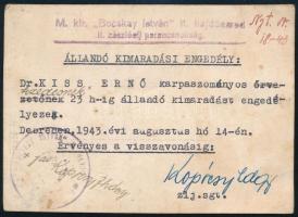 1943 Állandó kimaradási engedély karpaszományos tizedesnek Bocskay István 11. hajdúezred pecsétjével