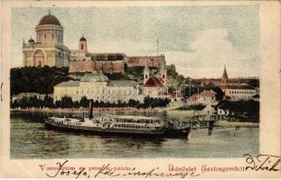 1904 Esztergom, Vártemplom és prímási palota, gőzhajó (EK)