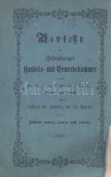 Bericht der Oedenburger Handels- und Gewerbe-Kammer an das hohe königl. ung. Ministerium für Ackerbau, Gewerbe und Händel über die Zustände der Industrie und des Handels in den Jahren 1863, 1864 und 1865. [Sopron] Oedenburg, 1867. Druck von Adolf Reichard. XIV + [2] + 193 + [7] p. Egyetlen kiadás. Német nyelvű dokumentumunk a Soproni Kereskedelmi és Iparkamara jelentése a dunántúli országrész kereskedelmi, ipari és közlekedési viszonyairól. Magyarország 1849 után katonai és közigazgatási megtorlás alá került, a Bach-rendszer kezdetén az országról leválasztották Erdélyt, Horvátországot, a Szerb Vajdaságot és a Temesi Bánságot, a maradék területet pedig korábban soha nem létezett közigazgatási egységbe, úgynevezett helytartósági kerületekbe szervezték. A döntően cseh és osztrák hivatalnokokkal feltöltött közigazgatási egységek a megtorlás jegyében az ellenállás fészkeiként számontartott, Bécsből ellenségesnek tűnő nemesi vármegyerendszert váltották fel. Ez a rendszer azonban a Bach-adminisztráció 1860. évi bukása után fellazult, így az 1863-1865 közötti időszakról beszámoló jelentésünk nem helytartósági kerületről beszél, a Dunántúl pénzügyi és vámhatósági ellenőrzése időszakunkra már több helyi alközpontba tevődött át (így például Pécs, Nagykanizsa, Barcs is némi gazdasági súlyt kapott). Kötetünk jelentős teret szentel a kávé- és dohányipar bevételeinek, a vasút-, közút- és telegráf-hálózat fejlődésének. A címlapon régi gyűjteményi bélyegzés. Néhány oldalon enyhe foxing. BOEH III: 1083. Poss.: Sopron város levéltára. Fűzve, sérült gerincű, enyhén hiányos kiadói borítóban a fedőborítók címfelirata körül ornamentikus kerettel. Példányunk hátsó fedőborítója elvált a könyvtesttől. Jó példány, nagyon ritka könyv.