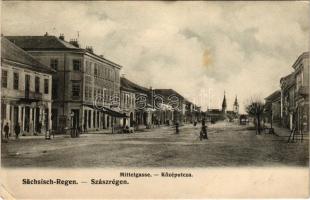 Szászrégen, Reghin; Mittelgasse / Közép utca, Városi vendéglő és szálloda, üzletek. Gustav Rösler kiadása / street view, hotel and restaurant, shops (EK)