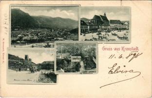 1898 (Vorläufer) Brassó, Kronstadt, Brasov; Marktplatz, Schwarzer u. weisser Turm, Evgl. Mädchenschule / Piactér, üzletek, Fekete- és Fehér-torony. W. Hiemesch kiadása / market square, towers (Rb)