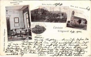 1903 Világos, Siria; Bohus kastély, Római katolikus templom, Fegyverletételi aláíró-szoba, várrom. Weber János kiadása / castle, Catholic church, armistice signing room, castle ruins (gyűrődés / crease)