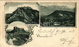 1901 Barcaság, Burzenland, Tara Barsei; Rosenauer Burg, Törzburg, Marienburg / Barcarozsnyó vára, Törcsvár, Barcaföldvár vára. Verlag Wilh. Hiemesch / Cetatea Rasnov, Castelul Bran (Bran-Poarta), Cetatea Feldioarei / castles of Tara Barsei: Rasnov, Bran, Feldioara. Art Nouveau (EB)