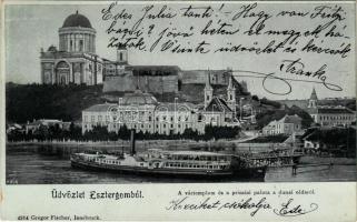 1904 Esztergom, a vártemplom és a prímási palota a dunai oldalról, hajóállomás, "BUDAPEST" gőzhajó. Gregor Fischer (Innsbruck) 4214. (EK)