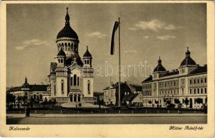 Kolozsvár, Cluj; Hitler Adolf tér, Országzászló / square, Hungarian flag (EK)