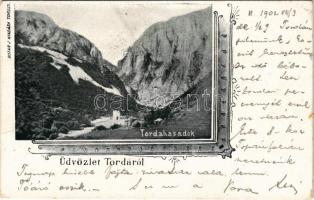 1902 Tordai-hasadék, Cheile Turzii, Torda, Turda; Az EKE (Erdélyi Kárpát Egyesület) Torda-hasadéki menedékháza. Botar J. kiadása / mountain rest house, tourist house. Art Nouveau (szakadás / tear)