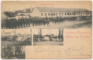 1899 (Vorläufer) Fogaras, Fagaras; Parade-Ausrückung, Kaserne, Schloss, Papier-Mühle / Osztrák-magyar katonai felvonulás, laktanya, vár, papírgyár. Thierfeld Dávid kiadása / K.u.K. military parade and barracks, castle, paper mill (Rb)