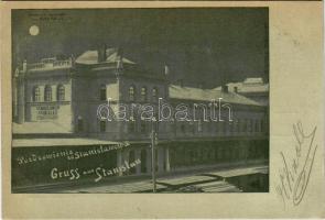 1900 Ivano-Frankivsk, Stanislawów, Stanislau; Dworzec kolejowy / Bahnhof / railway station at night (EK)