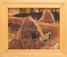 Németh József (1928-1994): Szénás szekér. Olaj, falemez. jelezve jobbra lent. Fakeretben. 35x43 cm