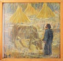 Németh József (1928-1994): Férfi ökörrel, 1986. Olaj, falemez. jelezve balra lent. Üvegezett fakeretben. 63x66 cm