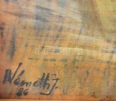 Németh József (1928-1994): Férfi ökörrel, 1986. Olaj, falemez. jelezve balra lent. Üvegezett fakeret...