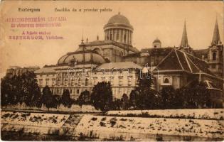 1921 Esztergom, Bazilika és a prímási palota. Vavró Józsefné kiadása + "HERCEGPRÍMÁSI UDVAR ÉS VÁRMEGYEI GYÓGYSZERTÁR A FEKETE SASHOZ" (EK)