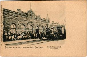 Novoselytsia, Novoselitz, Novoselycia, Nowoselitza (Bukovina, Bucovina, Bukowina); Gruss von der russischen Grenze. Bahnhof in russisch Nowosillitza / Greetings from the Russian borders. Railway station, locomotive, train. Verlag Leon König (Czernowitz)