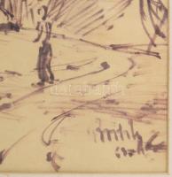 Olvashatatlan jelzéssel: Sátortábor az erdőben, 1960-as évek. Filctoll, papír. Üvegezett fakeretben....