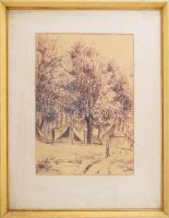 Olvashatatlan jelzéssel: Sátortábor az erdőben, 1960-as évek. Filctoll, papír. Üvegezett fakeretben....