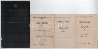 1950-1953 Nehézipari Minisztérium tanulmányi könyve gépipari tagozat hallgatója részére + 3 db szaktanfolyam látogatási jegy