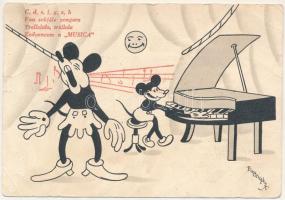 Mickey egér játszik a zongorán. Klösz korai Disney képeslap. Hátoldalon Musica reklám / Mickey Mouse playing on the piano. Early Hungarian Disney postcard s: Bisztriczky (szakadások / tears)