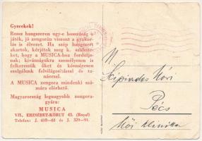 Mickey egér játszik a zongorán. Klösz korai Disney képeslap. Hátoldalon Musica reklám / Mickey Mouse...