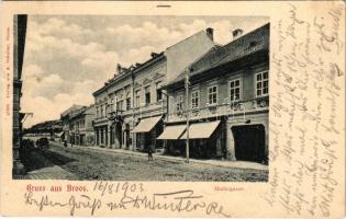 1903 Szászváros, Broos, Orastie; Marktgasse / Piac utca, üzletek. A. Schuller kiadása / market street, shops (kis szakadás / small tear)