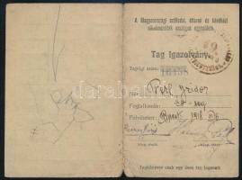 1918 Magyarországi szállodai, éttermi és kávéházi alkalmazottak országos egyesülete tag igazolvány. Tagsági bélyegekkel