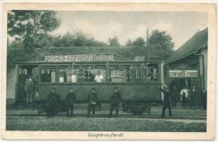 Gyopárosfürdő, Orosháza-Gyopárosfürdő kisvasút megállóhely, vasútállomás, AEGV (Alföldi Első Gazdasági Vasút) benzin-villamos motorkocsija, vonat (EB)