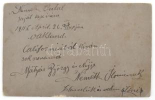 1911 Németh Aurél hármas fotója, hátoldalon autográf feliratokkal, 10,5x16,5 cm