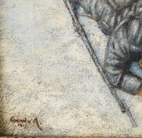 Olvashatatlan jelzéssel: Elesett I. világháborús katona. Olaj, vászon. Restaurált. Fakeretben. 26x40...