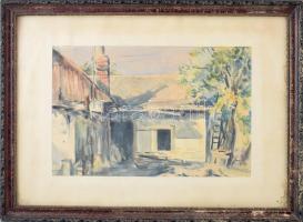 Jelzés nélkül: Napos udvar. Akvarell, papír. Üvegezett fakeretben. 23,5x36 cm