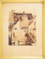 Olvashatatlan jelzéssel: Ház udvara. Lavírozott tus, papír. Üvegezett fakeretben. 34x26,5 cm