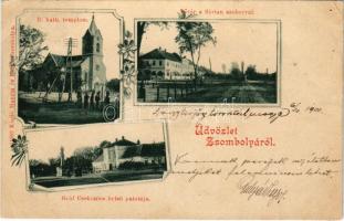 1900 Zsombolya, Hatzfeld, Jimbolia; Római katolikus templom, Fő tér a Flórián szoborral, Gróf Csekonics belső palotája, kastély. Manzin és Ferch kiadása / Catholic church, main square, statue, castle. Art Nouveau, floral (EB)