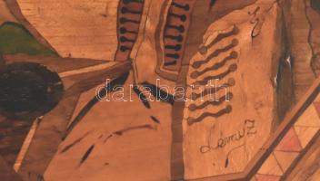 Lévai Z. jelzéssel: Mulatozókat ábrázoló intarziás doboz, kis sérüléssel, kulcs nélkül, 34x24 cm